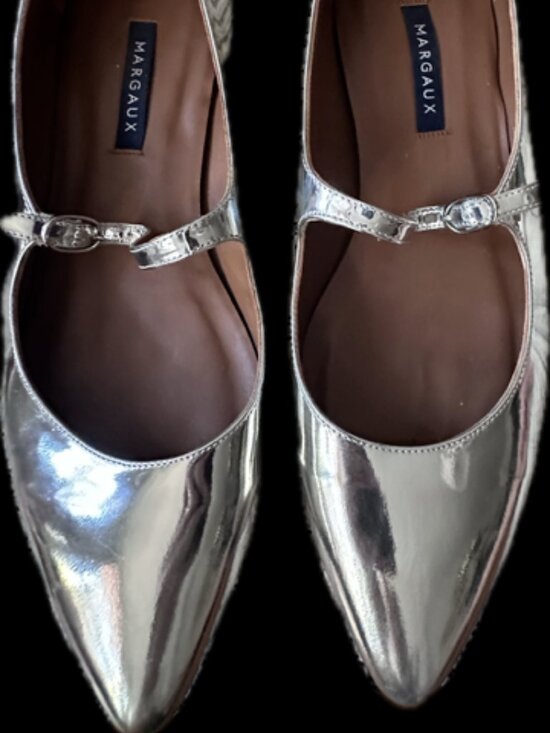 Margaux Shoes - MARGAUX Silver Metallic Pointed Toe Flats Mary Jane Strap Size 40 U.S. 9.5